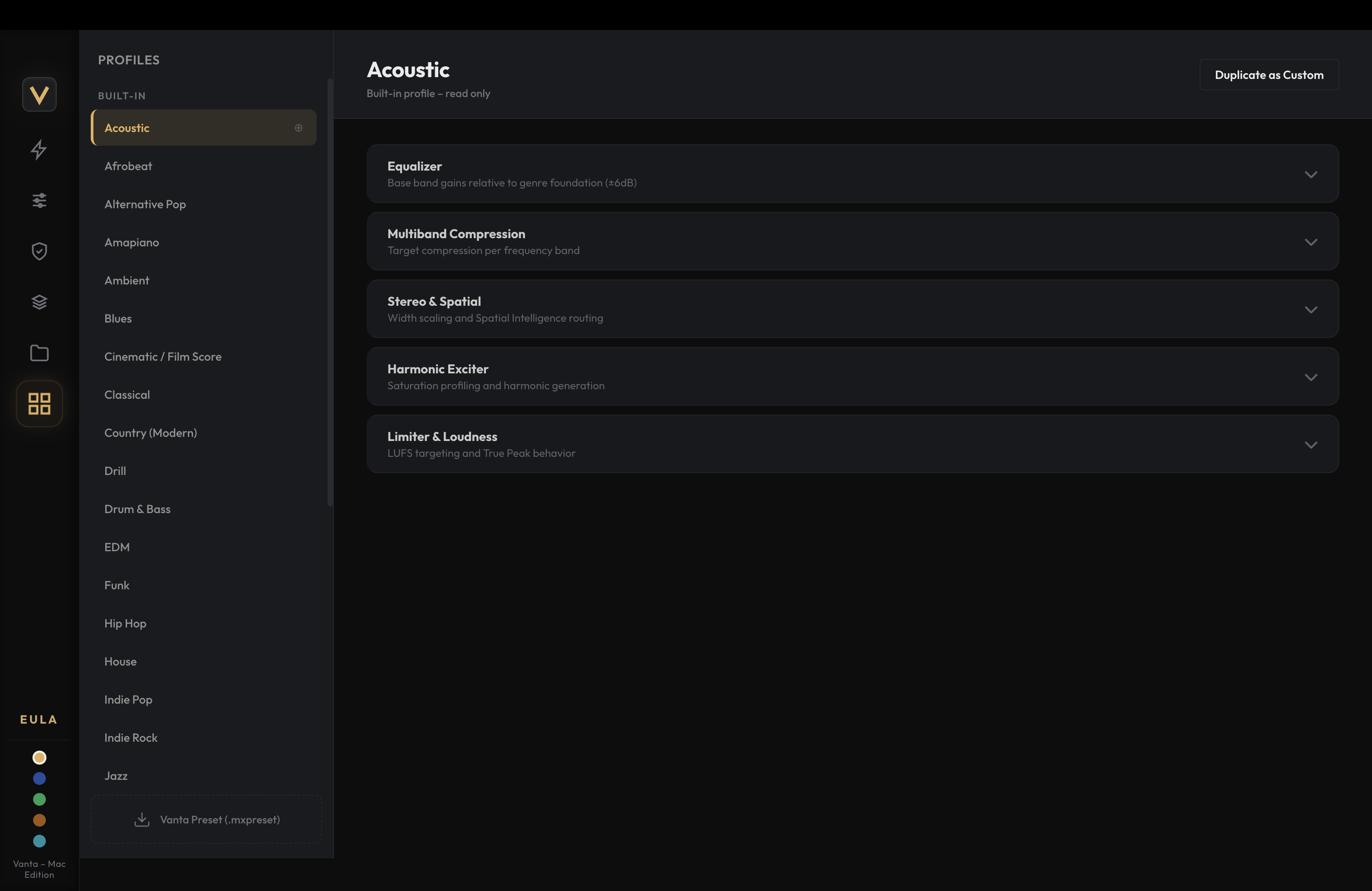 Profiles manager, list view with custom profiles